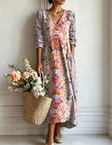 Women's Boho Floral Print Maxi Dress, V Neck 3/4 Sleeve Loose Casual Long Dress with Pockets