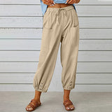 Women High Waist Drawstring Trousers Wide Leg Cropped Pants with Pockets