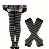 Striped Knee-High Socks with Knit Sleeves and Fingerless Gloves Polyester and Polyamide, Ideal for Vacation and Party Outfits