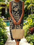Women Bohemian Sleeveless Dress Romc Ethnic Print Loose Mid-Length Skirt Vacation Casual, Tummy- And Versatile Skirt