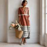 Women's Boho Floral Print Maxi Dress, V Neck 3/4 Sleeve Loose Casual Long Dress with Pockets