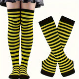 Striped Knee-High Socks with Knit Sleeves and Fingerless Gloves Polyester and Polyamide, Ideal for Vacation and Party Outfits