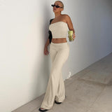 Women's 2 Piece Outfit Strapless Bandeau Crop Top and High Waist Flare Pants Set
