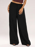 Womens Elastic Waist Crinkled Textured Wide Leg Pants Casual Lightweight Trousers for Daily Wear
