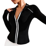 Womens Stand Collar Full Zip Contrast Color Thumb Hole Yoga Jacket Slim Waist Long Sleeve Sport Activewear Outerwear
