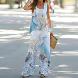 Elegant Women Two Piece Outfit, Color Block Sleeveless Vest Top and Pants Set, Fashion Casual Daily Wear