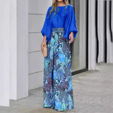 Women's 2-Piece Vacation Outfit Set, Puff 3/4 Sleeve Solid Blouse & High Waist Tropical Leaf Print Wide Leg Pants