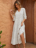 Women Summer Boho Casual Dresses 3/4 Sleeve V Neck Loose Comfort A-Line Flowy Maxi Dress