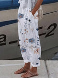 Women's Floral Print Elastic Waist Casual Loose Pants Summer Beach Trousers with Pockets