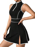 Womens Sleeveless Contrast Outline Tennis Sport Dress High Waist Anti Exposure Slim Fitness Yoga Skirt with Inner Shorts