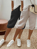 2Pcs Women's Cropped Pants with Elastic Waistband, Diagonal Side Pockets, and Faux Drawstring