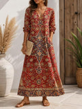 Boho Maxi Dress for Women Paisley Floral Print V Neck Long Sleeve Loose Fit Casual Women's Long Dress with Pockets