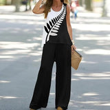 Elegant Women Two Piece Outfit, Color Block Sleeveless Vest Top and Pants Set, Fashion Casual Daily Wear