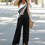 Elegant Women Two Piece Outfit, Color Block Sleeveless Vest Top and Pants Set, Fashion Casual Daily Wear
