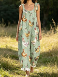 Women's Light Green Animal Print Sleeveless Jumpsuit with Tie Straps and Wide Legs for Casual Quirky Wear
