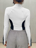 Womens Stand Collar Full Zip Color Block Yoga Jacket Slim Stretch Long Sleeve Thumb Hole Sport Cropped Outerwear Top