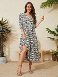 Women Summer Boho Casual Dresses 3/4 Sleeve V Neck Loose Comfort A-Line Flowy Maxi Dress