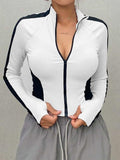 Womens Stand Collar Full Zip Color Block Yoga Jacket Slim Stretch Long Sleeve Thumb Hole Sport Cropped Outerwear Top