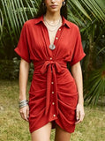 Women's Boho Dress Collared Single Breasted Tie Waist Short Sleeve Shirt Dress Rushed Botton Front Casual Vacation