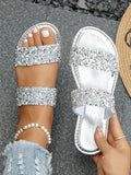 Women Sparkly Glitter Decorated Slippers, Casual Flat Summer Shoes, Lightweight Beach Sandals