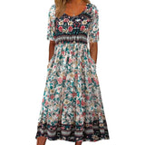 Women Summer Boho Casual Dresses 3/4 Sleeve V Neck Loose Comfort A-Line Flowy Maxi Dress