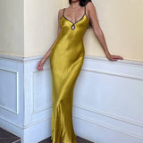 Women's Satin Solid Color Maxi Dress Deep V Backless Spaghetti Strap Bodycon Party Dress