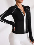 Womens Stand Collar Full Zip Contrast Color Thumb Hole Yoga Jacket Slim Waist Long Sleeve Sport Activewear Outerwear
