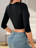 Women's Black V-Neck Front Closure 3/4 Sleeve Shaper Top with Lace Trim for Posture Support and Compression