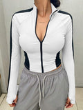 Womens Stand Collar Full Zip Color Block Yoga Jacket Slim Stretch Long Sleeve Thumb Hole Sport Cropped Outerwear Top