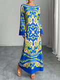 Women's Long Sleeve Print Maxi Dress, Elegant Casual Resort Style, Perfect for Vacation Wear