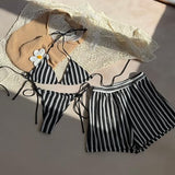 Women's Sweet Spicy Blue Striped Knit Three-Piece Swimsuit Set, Halter Neck Tie High Waist Shorts, Beach Vacation