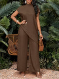 Solid Color Women's Vacation Casual Asymmetrical Hem Top and Pants Two-Piece Set, Autumn Women's Clothing