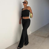 Women's 2 Piece Outfit Strapless Bandeau Crop Top and High Waist Flare Pants Set