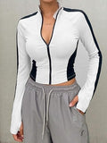 Womens Stand Collar Full Zip Color Block Yoga Jacket Slim Stretch Long Sleeve Thumb Hole Sport Cropped Outerwear Top