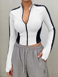 Womens Stand Collar Full Zip Color Block Yoga Jacket Slim Stretch Long Sleeve Thumb Hole Sport Cropped Outerwear Top
