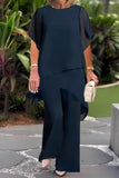 Women's Blue Chiffon 2 Piece Ruffle Short Sleeve Asymmetric Layered Top and Wide Leg Pants Elegant Party Suit