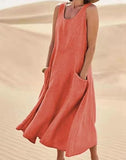 Women's Cotton Linen Sleeveless Maxi Dress with Side Pockets Loose Fit for Casual Vacations