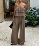 Women's Two-Piece Linen Short Set with Ruffled Top, Casual Beach Vacation Flowy Lounge Pants