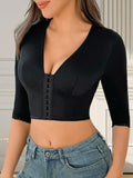 Women's Black V-Neck Front Closure 3/4 Sleeve Shaper Top with Lace Trim for Posture Support and Compression