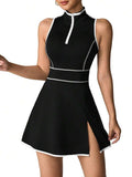 Womens Sleeveless Contrast Outline Tennis Sport Dress High Waist Anti Exposure Slim Fitness Yoga Skirt with Inner Shorts