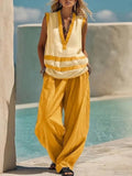 Womens 2 Piece V Neck Color Block Sleeveless Top and High Waist Wide Leg Pants Casual Vacation Set