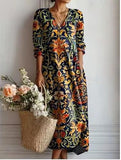 Boho Maxi Dress for Women Paisley Floral Print V Neck Long Sleeve Loose Fit Casual Women's Long Dress with Pockets
