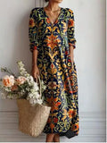 Boho Maxi Dress for Women Paisley Floral Print V Neck Long Sleeve Loose Fit Casual Women's Long Dress with Pockets