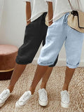 Women's Cropped Pants with Elastic Waistband, Diagonal Side Pockets, and Faux Drawstring