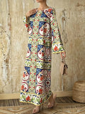 Women's Long Sleeve Print Maxi Dress, Elegant Casual Resort Style, Perfect for Vacation Wear