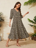 Women Summer Boho Casual Dresses 3/4 Sleeve V Neck Loose Comfort A-Line Flowy Maxi Dress