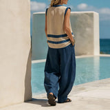 Womens 2 Piece V Neck Color Block Sleeveless Top and High Waist Wide Leg Pants Casual Vacation Set