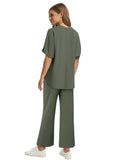 Women's 2-Piece Loungewear Outfit Set, Crew Neck Short Sleeve Curved Hem Top & Elastic Drawstring Wide Leg Pants