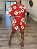 Womens Red and White Abstract Print Cropped Top and Biker Shorts Two-Piece Set