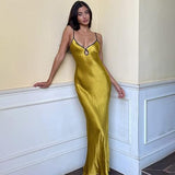 Women's Satin Solid Color Maxi Dress Deep V Backless Spaghetti Strap Bodycon Party Dress